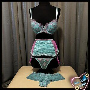 4 Piece Custom Aqua and Purple Lingerie Set Approx 36C Stretchy Materials